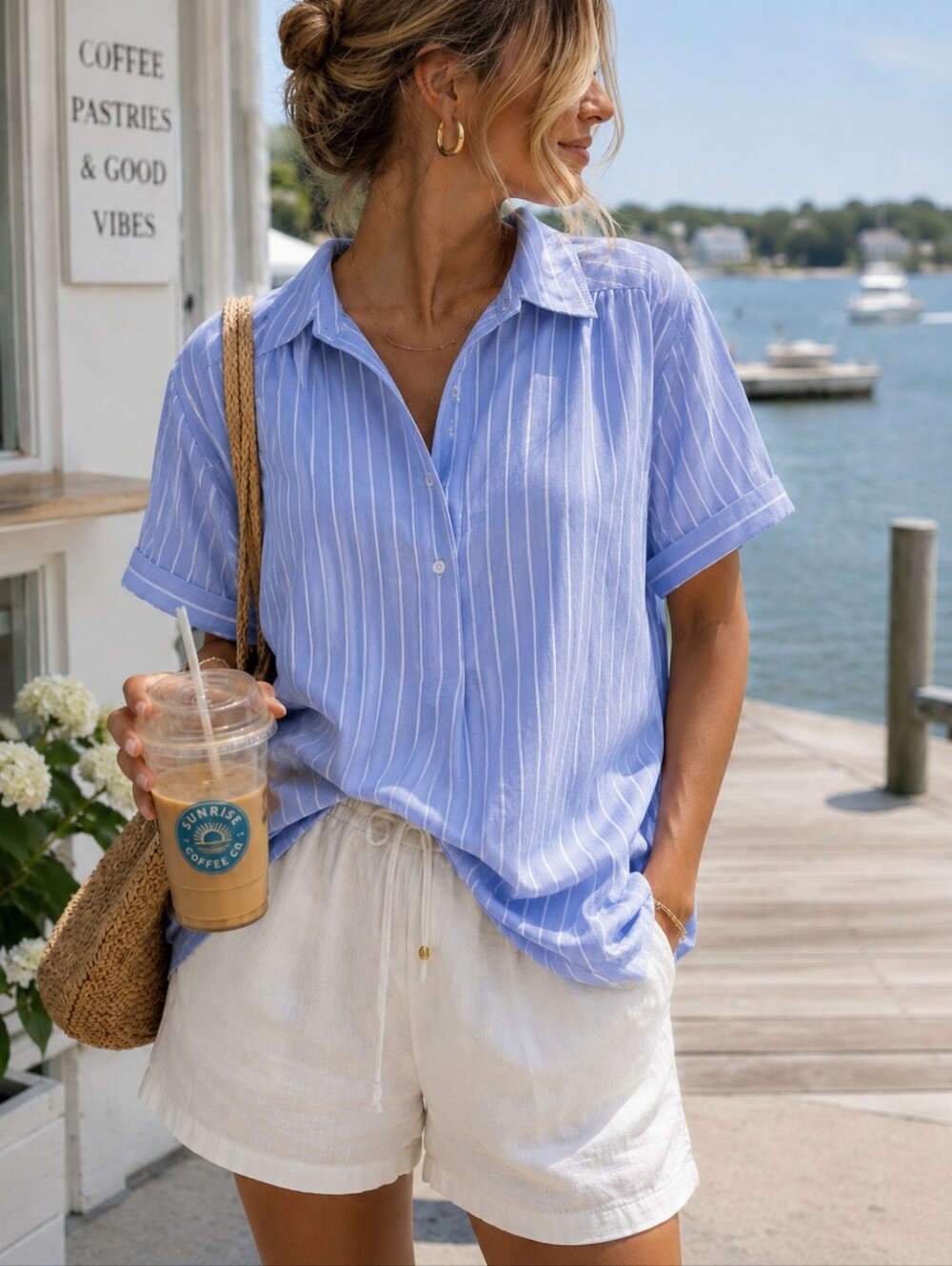 MAX STUDIO LONDON Light Blue Striped Button-Front Shirt - Women